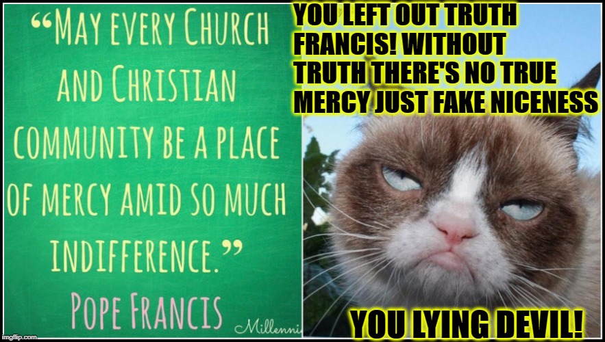 GRUMPY VS POPE | YOU LEFT OUT TRUTH FRANCIS! WITHOUT TRUTH THERE'S NO TRUE MERCY JUST FAKE NICENESS; YOU LYING DEVIL! | image tagged in grumpy vs pope | made w/ Imgflip meme maker
