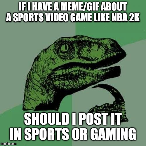 Philosoraptor | IF I HAVE A MEME/GIF ABOUT A SPORTS VIDEO GAME LIKE NBA 2K; SHOULD I POST IT IN SPORTS OR GAMING | image tagged in memes,philosoraptor,sports,gaming | made w/ Imgflip meme maker