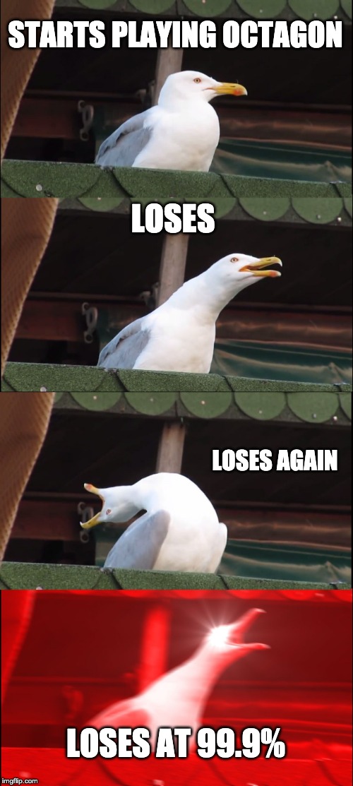 Inhaling Seagull | STARTS PLAYING OCTAGON; LOSES; LOSES AGAIN; LOSES AT 99.9% | image tagged in memes,inhaling seagull | made w/ Imgflip meme maker