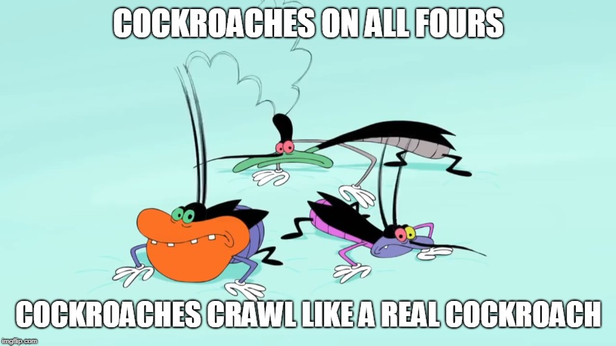 Cockroaches on all fours meme | COCKROACHES ON ALL FOURS; COCKROACHES CRAWL LIKE A REAL COCKROACH | image tagged in oggy and the cockroaches,cockroaches,joey,dee dee,marky,on all fours | made w/ Imgflip meme maker