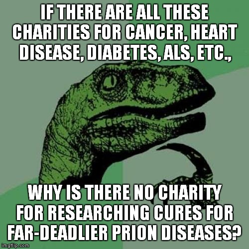 Prion Disease Charities, Please? | IF THERE ARE ALL THESE CHARITIES FOR CANCER, HEART DISEASE, DIABETES, ALS, ETC., WHY IS THERE NO CHARITY FOR RESEARCHING CURES FOR FAR-DEADLIER PRION DISEASES? | image tagged in memes,philosoraptor,prions,disease,health,healthcare | made w/ Imgflip meme maker