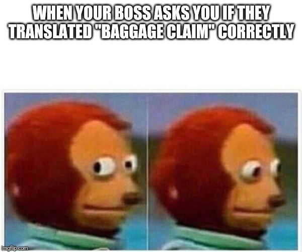Monkey Puppet Meme | WHEN YOUR BOSS ASKS YOU IF THEY TRANSLATED "BAGGAGE CLAIM" CORRECTLY | image tagged in monkey puppet | made w/ Imgflip meme maker