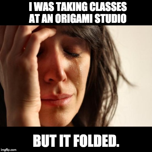 First World Problems Meme | I WAS TAKING CLASSES AT AN ORIGAMI STUDIO; BUT IT FOLDED. | image tagged in memes,first world problems | made w/ Imgflip meme maker