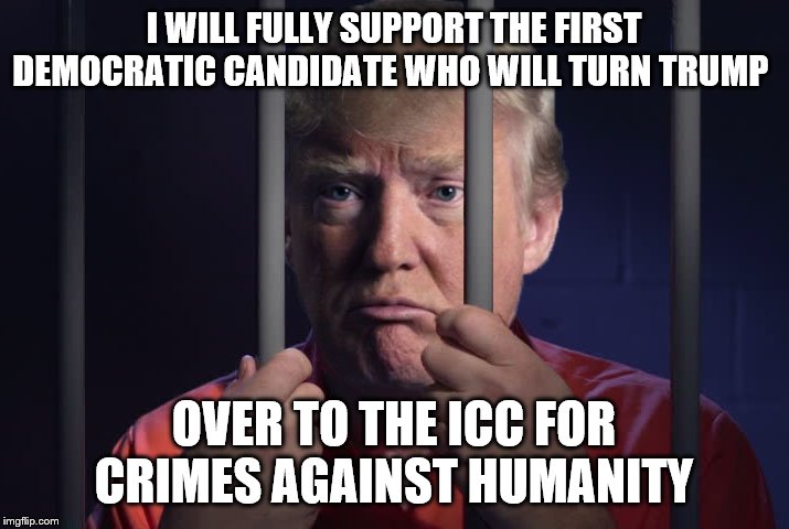 Traitor trump | I WILL FULLY SUPPORT THE FIRST DEMOCRATIC CANDIDATE WHO WILL TURN TRUMP; OVER TO THE ICC FOR CRIMES AGAINST HUMANITY | image tagged in trump prison | made w/ Imgflip meme maker
