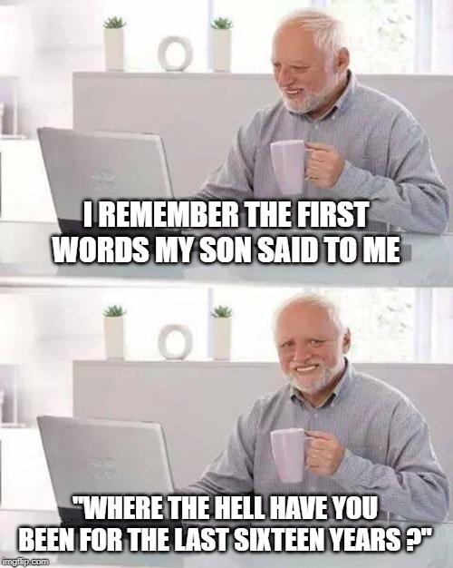 daddy's home ! | I REMEMBER THE FIRST WORDS MY SON SAID TO ME; "WHERE THE HELL HAVE YOU BEEN FOR THE LAST SIXTEEN YEARS ?" | image tagged in memes,hide the pain harold | made w/ Imgflip meme maker