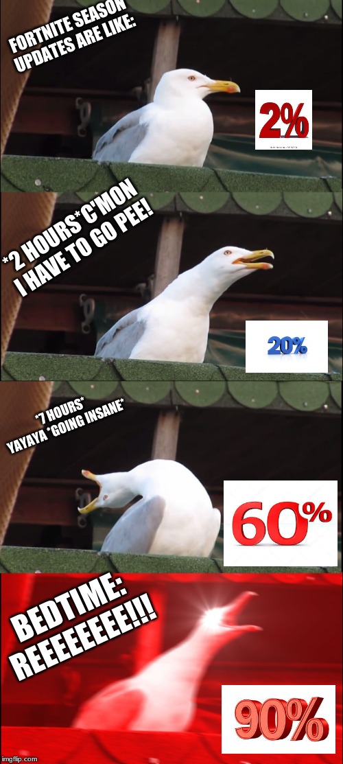 Inhaling Seagull | FORTNITE SEASON UPDATES ARE LIKE:; *2 HOURS*C'MON I HAVE TO GO PEE! *7 HOURS* YAYAYA *GOING INSANE*; BEDTIME: REEEEEEEE!!! | image tagged in memes,inhaling seagull | made w/ Imgflip meme maker