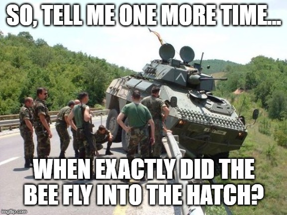 bee into hatch | SO, TELL ME ONE MORE TIME... WHEN EXACTLY DID THE BEE FLY INTO THE HATCH? | image tagged in military | made w/ Imgflip meme maker