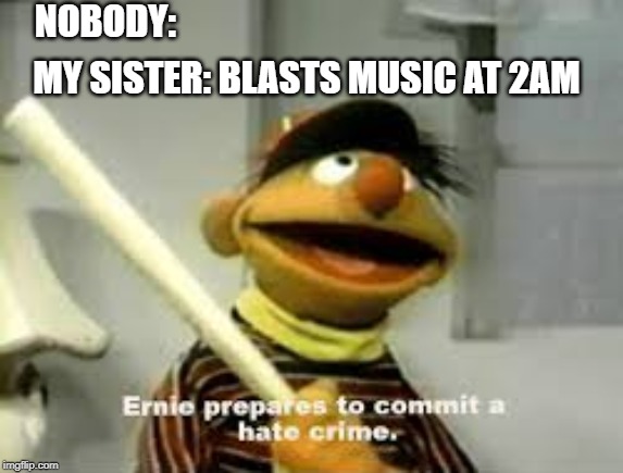 Ernie Prepares to commit a hate crime | NOBODY:; MY SISTER: BLASTS MUSIC AT 2AM | image tagged in ernie prepares to commit a hate crime | made w/ Imgflip meme maker
