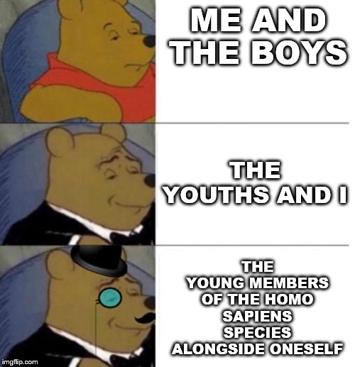 me and the boys: working class, middle class and upper class. | ME AND THE BOYS; THE YOUNG MEMBERS OF THE HOMO SAPIENS SPECIES ALONGSIDE ONESELF; THE YOUTHS AND I | image tagged in tuxedo winnie the pooh 3 panel | made w/ Imgflip meme maker