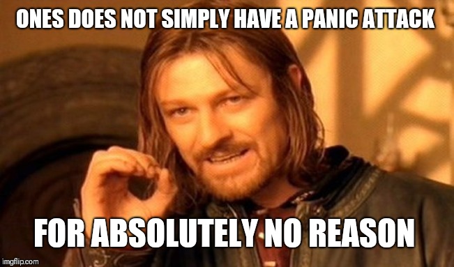 One Does Not Simply | ONES DOES NOT SIMPLY HAVE A PANIC ATTACK; FOR ABSOLUTELY NO REASON | image tagged in memes,one does not simply,panic attack,why | made w/ Imgflip meme maker