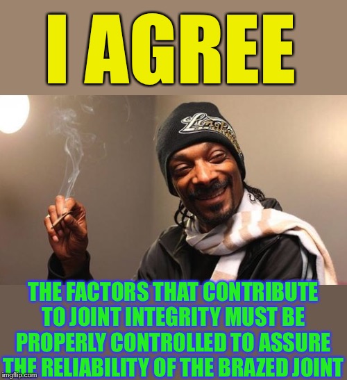 Snoop Dogg | I AGREE THE FACTORS THAT CONTRIBUTE TO JOINT INTEGRITY MUST BE PROPERLY CONTROLLED TO ASSURE THE RELIABILITY OF THE BRAZED JOINT | image tagged in snoop dogg | made w/ Imgflip meme maker