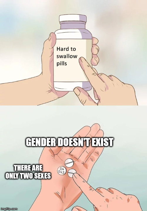 Anti-imaginary spectrum pills | GENDER DOESN'T EXIST; THERE ARE ONLY TWO SEXES | image tagged in memes,hard to swallow pills,gender,mental illness,imagination,liberals | made w/ Imgflip meme maker