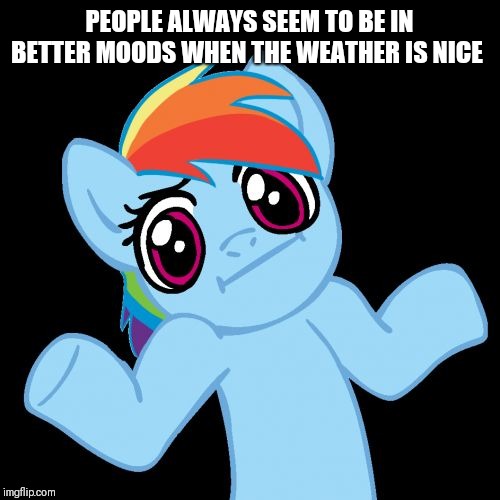 Pony Shrugs Meme | PEOPLE ALWAYS SEEM TO BE IN BETTER MOODS WHEN THE WEATHER IS NICE | image tagged in memes,pony shrugs | made w/ Imgflip meme maker