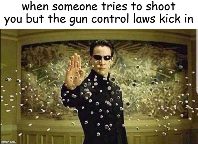 neo stopping bullets | when someone tries to shoot you but the gun control laws kick in | image tagged in neo stopping bullets,memes | made w/ Imgflip meme maker