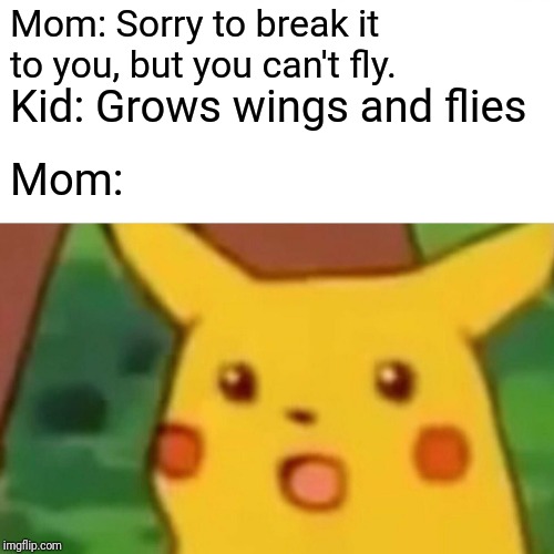 Never Question The Child. | Mom: Sorry to break it to you, but you can't fly. Kid: Grows wings and flies; Mom: | image tagged in memes,surprised pikachu,flying,funny | made w/ Imgflip meme maker