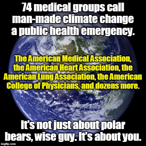 earth | 74 medical groups call man-made climate change a public health emergency. The American Medical Association, the American Heart Association, the American Lung Association, the American College of Physicians, and dozens more. It's not just about polar bears, wise guy. It's about you. | image tagged in earth,climate change,global warming,health,emergency | made w/ Imgflip meme maker