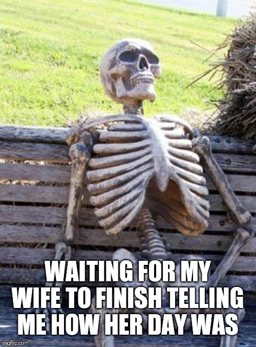 Yes, Dear, That's Very Interesting | WAITING FOR MY WIFE TO FINISH TELLING ME HOW HER DAY WAS | image tagged in memes,waiting skeleton,wife,how was your day | made w/ Imgflip meme maker
