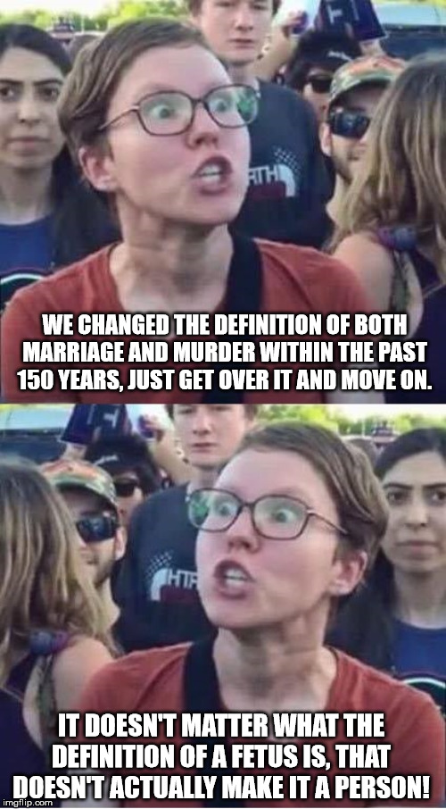 Angry Liberal Hypocrite | WE CHANGED THE DEFINITION OF BOTH MARRIAGE AND MURDER WITHIN THE PAST 150 YEARS, JUST GET OVER IT AND MOVE ON. IT DOESN'T MATTER WHAT THE DEFINITION OF A FETUS IS, THAT DOESN'T ACTUALLY MAKE IT A PERSON! | image tagged in angry liberal hypocrite | made w/ Imgflip meme maker
