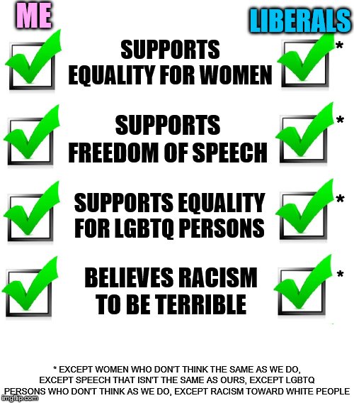 Liberals and I have basically the same beliefs... oh, wait... | ME; LIBERALS; SUPPORTS EQUALITY FOR WOMEN; *; SUPPORTS FREEDOM OF SPEECH; *; SUPPORTS EQUALITY FOR LGBTQ PERSONS; *; BELIEVES RACISM TO BE TERRIBLE; *; * EXCEPT WOMEN WHO DON'T THINK THE SAME AS WE DO, EXCEPT SPEECH THAT ISN'T THE SAME AS OURS, EXCEPT LGBTQ PERSONS WHO DON'T THINK AS WE DO, EXCEPT RACISM TOWARD WHITE PEOPLE | image tagged in when you compare yourself to,memes,liberal logic,equality | made w/ Imgflip meme maker