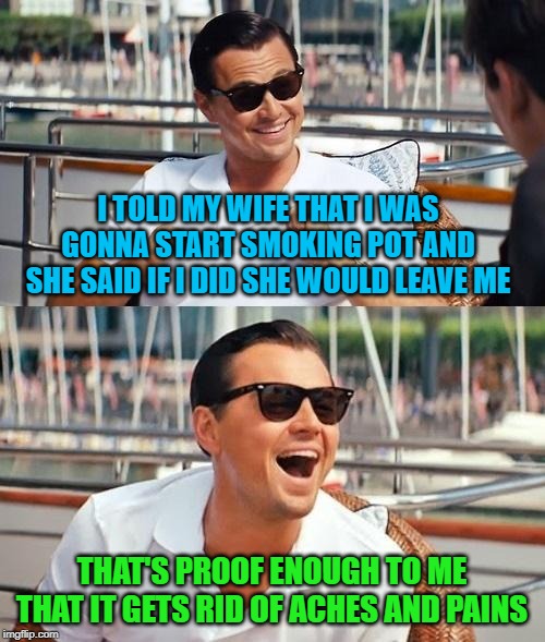 I tried it and my girlfriend at the time didn't leave like she said she would....I really hate liars. | I TOLD MY WIFE THAT I WAS GONNA START SMOKING POT AND SHE SAID IF I DID SHE WOULD LEAVE ME; THAT'S PROOF ENOUGH TO ME THAT IT GETS RID OF ACHES AND PAINS | image tagged in memes,leonardo dicaprio wolf of wall street,smoking pot,funny,aches and pains,marriage | made w/ Imgflip meme maker
