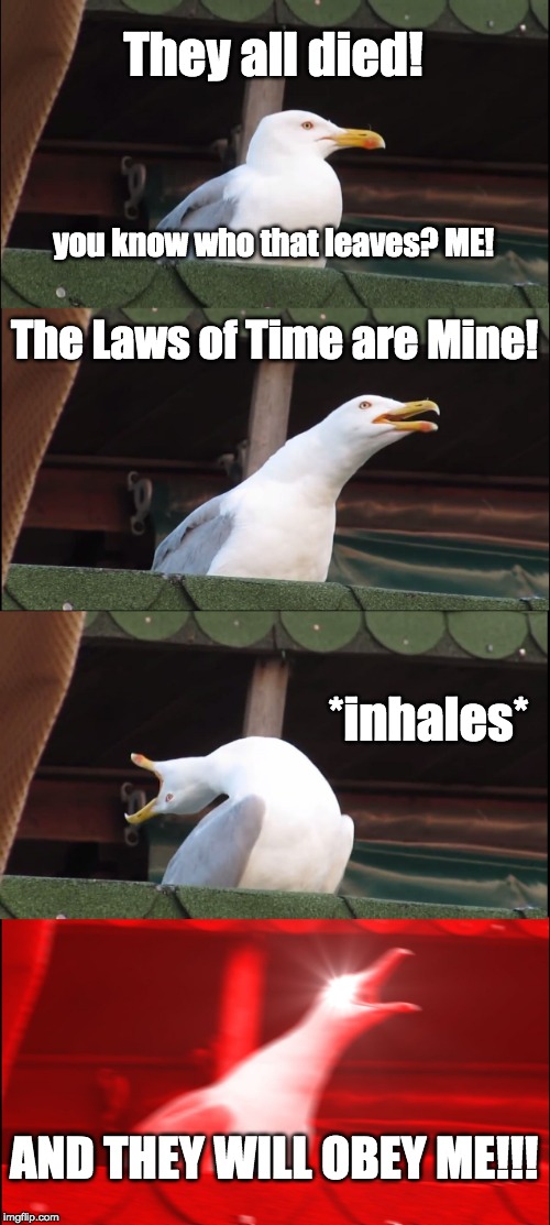 Time Lord Victorious | They all died! you know who that leaves? ME! The Laws of Time are Mine! *inhales*; AND THEY WILL OBEY ME!!! | image tagged in inhaling seagull,doctor who | made w/ Imgflip meme maker