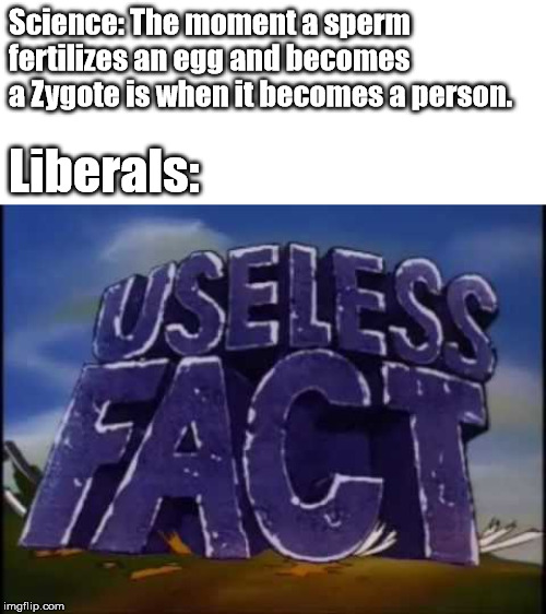 useless fact | Science: The moment a sperm fertilizes an egg and becomes a Zygote is when it becomes a person. Liberals: | image tagged in useless fact | made w/ Imgflip meme maker