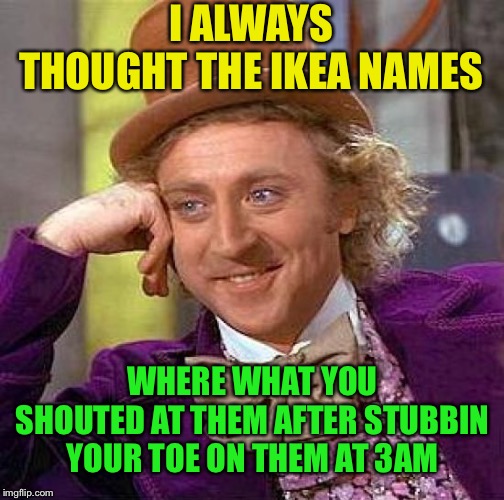 Creepy Condescending Wonka Meme | I ALWAYS THOUGHT THE IKEA NAMES WHERE WHAT YOU SHOUTED AT THEM AFTER STUBBIN YOUR TOE ON THEM AT 3AM | image tagged in memes,creepy condescending wonka | made w/ Imgflip meme maker