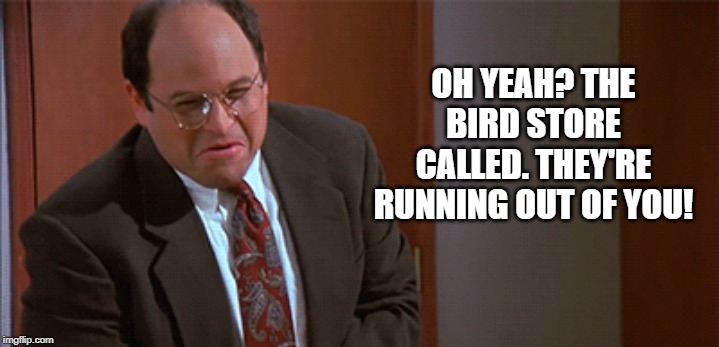 Seinfeld Jerk Store | OH YEAH? THE BIRD STORE CALLED. THEY'RE RUNNING OUT OF YOU! | image tagged in seinfeld jerk store | made w/ Imgflip meme maker