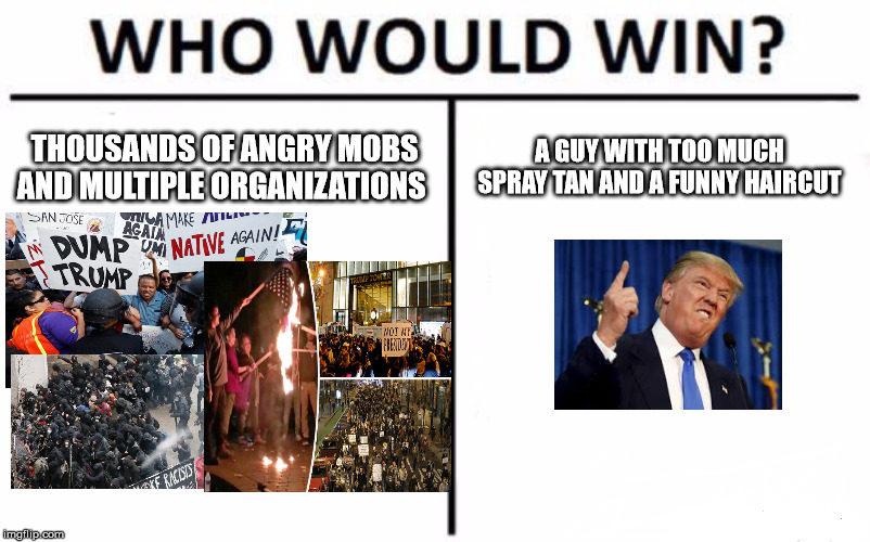 Who Would Win? | THOUSANDS OF ANGRY MOBS AND MULTIPLE ORGANIZATIONS; A GUY WITH TOO MUCH SPRAY TAN AND A FUNNY HAIRCUT | image tagged in memes,who would win | made w/ Imgflip meme maker