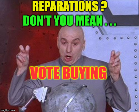 Dr Evil | REPARATIONS ? DON'T YOU MEAN . . . VOTE BUYING | image tagged in memes,dr evil laser,vote,did you mean,but thats none of my business | made w/ Imgflip meme maker
