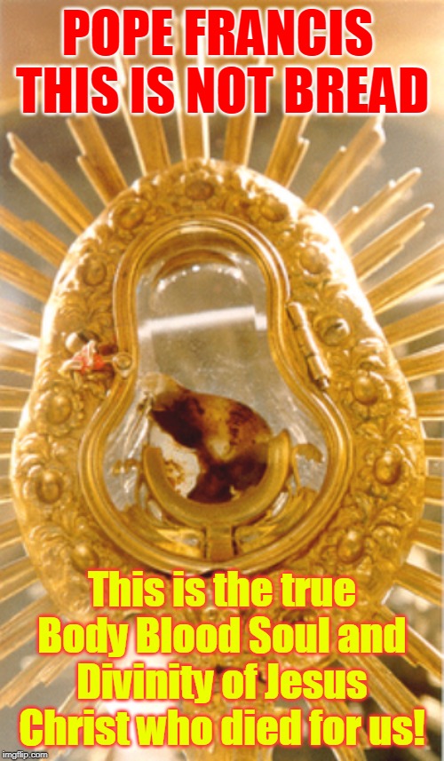 POPE FRANCIS  THIS IS NOT BREAD; This is the true Body Blood Soul and Divinity of Jesus Christ who died for us! | made w/ Imgflip meme maker