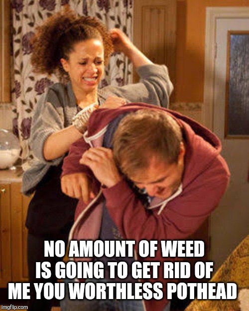 battered husband | NO AMOUNT OF WEED IS GOING TO GET RID OF ME YOU WORTHLESS POTHEAD | image tagged in battered husband | made w/ Imgflip meme maker