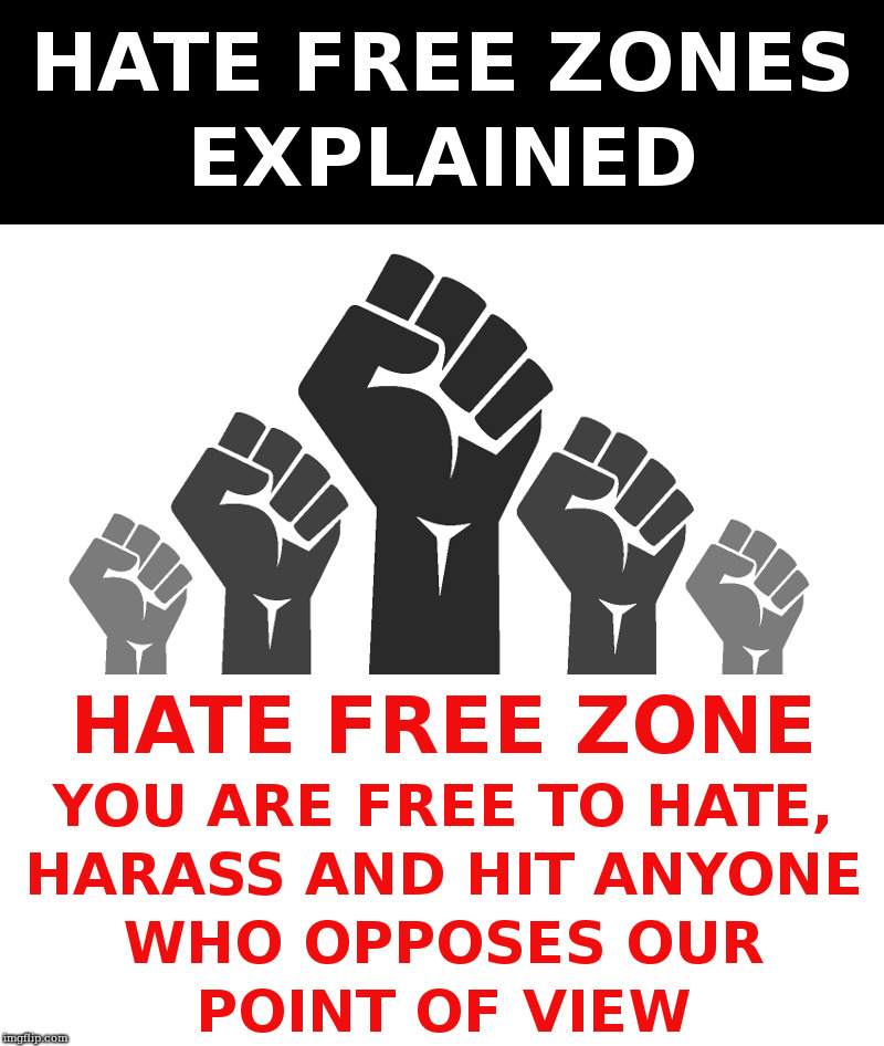 Hate Free Zones Explained | image tagged in hate free zones,democrats,antifa | made w/ Imgflip meme maker