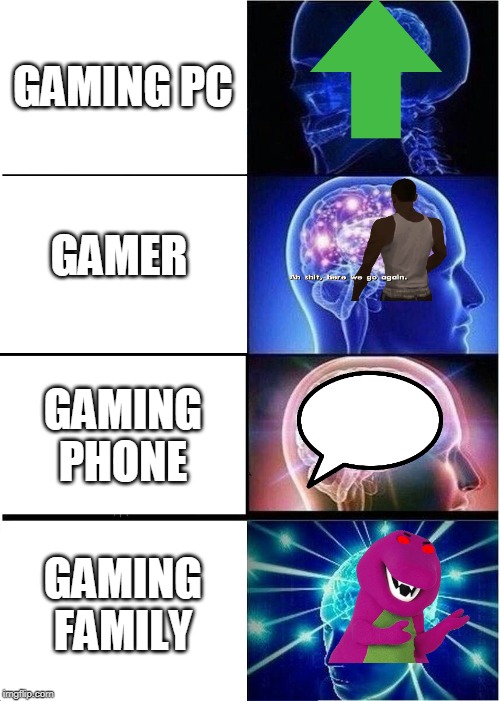 Expanding Brain | GAMING PC; GAMER; GAMING PHONE; GAMING FAMILY | image tagged in memes,expanding brain | made w/ Imgflip meme maker