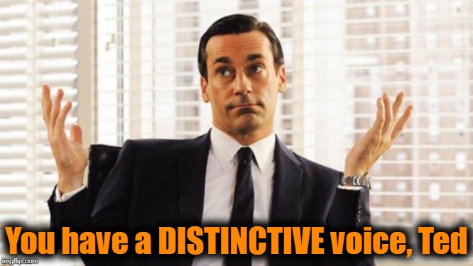 don draper | You have a DISTINCTIVE voice, Ted | image tagged in don draper | made w/ Imgflip meme maker