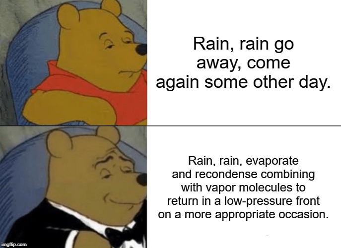 Rain, rain, go away... | Rain, rain go away, come again some other day. Rain, rain, evaporate and recondense combining with vapor molecules to return in a low-pressure front on a more appropriate occasion. | image tagged in memes,tuxedo winnie the pooh,rain,rain rain go away,arthur,pooh | made w/ Imgflip meme maker