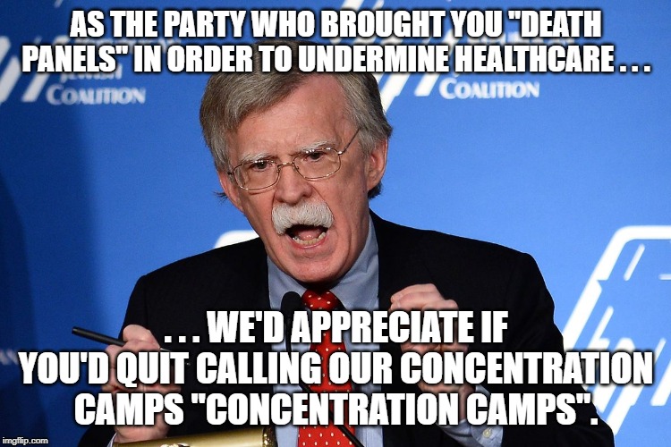 When a man loves a camp! | AS THE PARTY WHO BROUGHT YOU "DEATH PANELS" IN ORDER TO UNDERMINE HEALTHCARE . . . . . . WE'D APPRECIATE IF YOU'D QUIT CALLING OUR CONCENTRATION CAMPS "CONCENTRATION CAMPS". | image tagged in john bolton,concentration camps,trump immigration policy,inhumanity | made w/ Imgflip meme maker