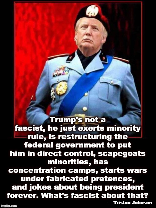 These things end badly. | Trump's not a fascist, he just exerts minority rule, is restructuring the federal government to put him in direct control, scapegoats minorities, has concentration camps, starts wars under fabricated pretences, and jokes about being president forever. What's fascist about that? ---Tristan Johnson | image tagged in trump,mussolini,fascist,minorities,concentration camp,president | made w/ Imgflip meme maker