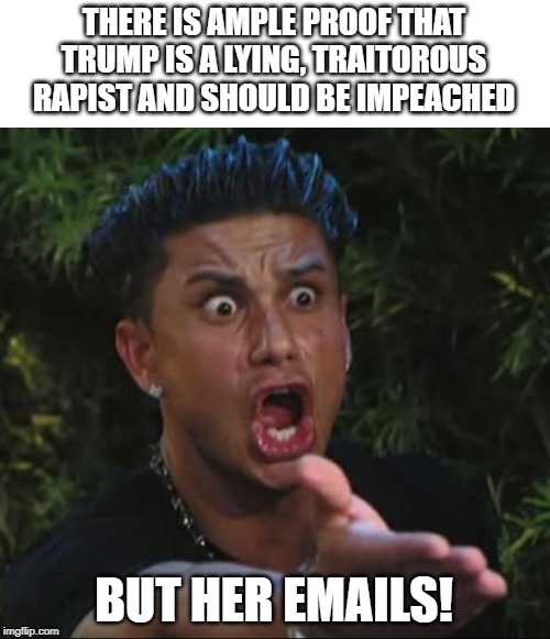 DJ Pauly D | THERE IS AMPLE PROOF THAT TRUMP IS A LYING, TRAITOROUS RAPIST AND SHOULD BE IMPEACHED; BUT HER EMAILS! | image tagged in memes,dj pauly d | made w/ Imgflip meme maker