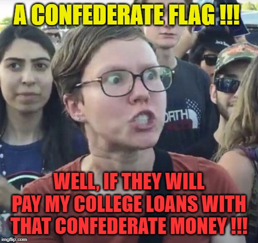 Triggered feminist | A CONFEDERATE FLAG !!! WELL, IF THEY WILL PAY MY COLLEGE LOANS WITH THAT CONFEDERATE MONEY !!! | image tagged in triggered feminist | made w/ Imgflip meme maker