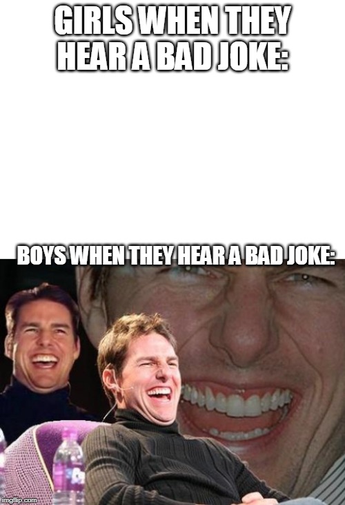 GIRLS WHEN THEY HEAR A BAD JOKE:; BOYS WHEN THEY HEAR A BAD JOKE: | image tagged in blank white template | made w/ Imgflip meme maker