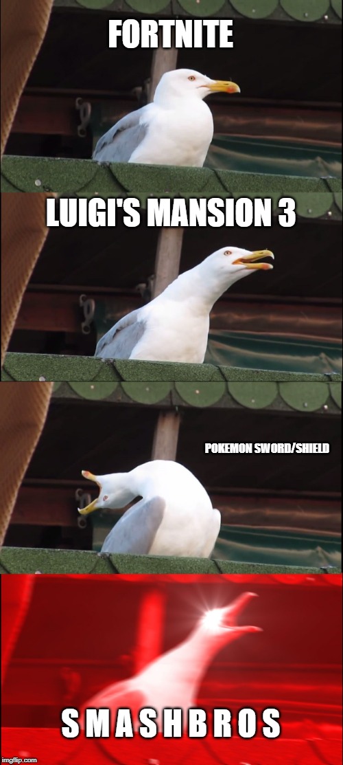 Inhaling Seagull | FORTNITE; LUIGI'S MANSION 3; POKEMON SWORD/SHIELD; S M A S H B R O S | image tagged in memes,inhaling seagull | made w/ Imgflip meme maker