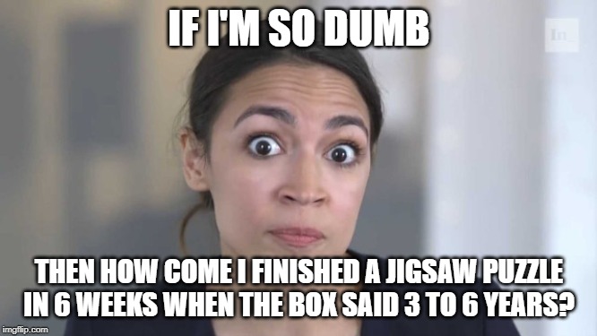 Crazy Alexandria Ocasio-Cortez |  IF I'M SO DUMB; THEN HOW COME I FINISHED A JIGSAW PUZZLE IN 6 WEEKS WHEN THE BOX SAID 3 TO 6 YEARS? | image tagged in crazy alexandria ocasio-cortez | made w/ Imgflip meme maker