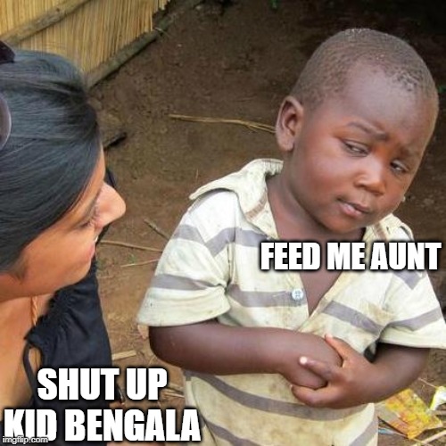 KID BENGALA RETURNS | FEED ME AUNT; SHUT UP
KID BENGALA | image tagged in memes,third world skeptical kid | made w/ Imgflip meme maker