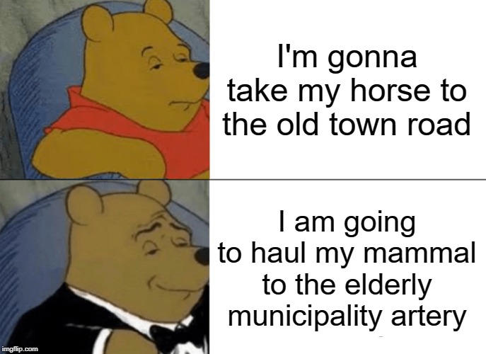 Tuxedo Winnie The Pooh Meme | I'm gonna take my horse to the old town road; I am going to haul my mammal to the elderly municipality artery | image tagged in memes,tuxedo winnie the pooh | made w/ Imgflip meme maker