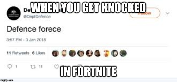 WHEN YOU GET KNOCKED; IN FORTNITE | image tagged in defence foerce | made w/ Imgflip meme maker