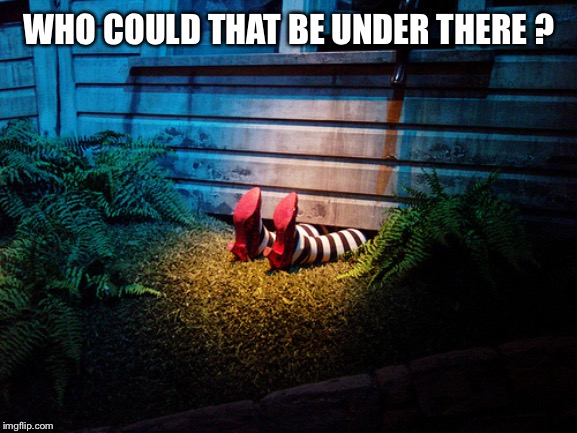 Wicked witch under Dorothy's house | WHO COULD THAT BE UNDER THERE ? | image tagged in wicked witch under dorothy's house | made w/ Imgflip meme maker
