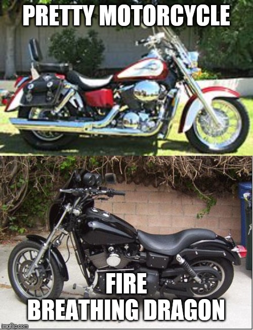 Superglide fire breather | PRETTY MOTORCYCLE; FIRE BREATHING DRAGON | image tagged in harley davidson,superglide,fire breathing dragon | made w/ Imgflip meme maker