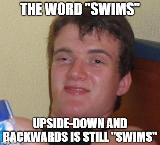 Well whudya know | THE WORD "SWIMS"; UPSIDE-DOWN AND BACKWARDS IS STILL "SWIMS" | image tagged in memes,10 guy,wordplay,weird,fun | made w/ Imgflip meme maker
