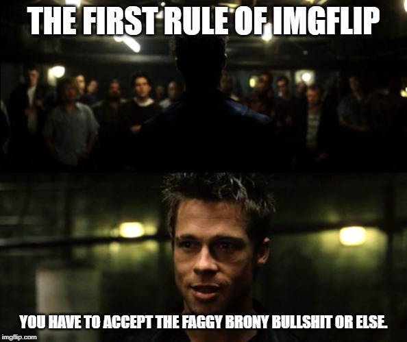 First rule of the Fight Club | THE FIRST RULE OF IMGFLIP YOU HAVE TO ACCEPT THE F*GGY BRONY BULLSHIT OR ELSE. | image tagged in first rule of the fight club | made w/ Imgflip meme maker